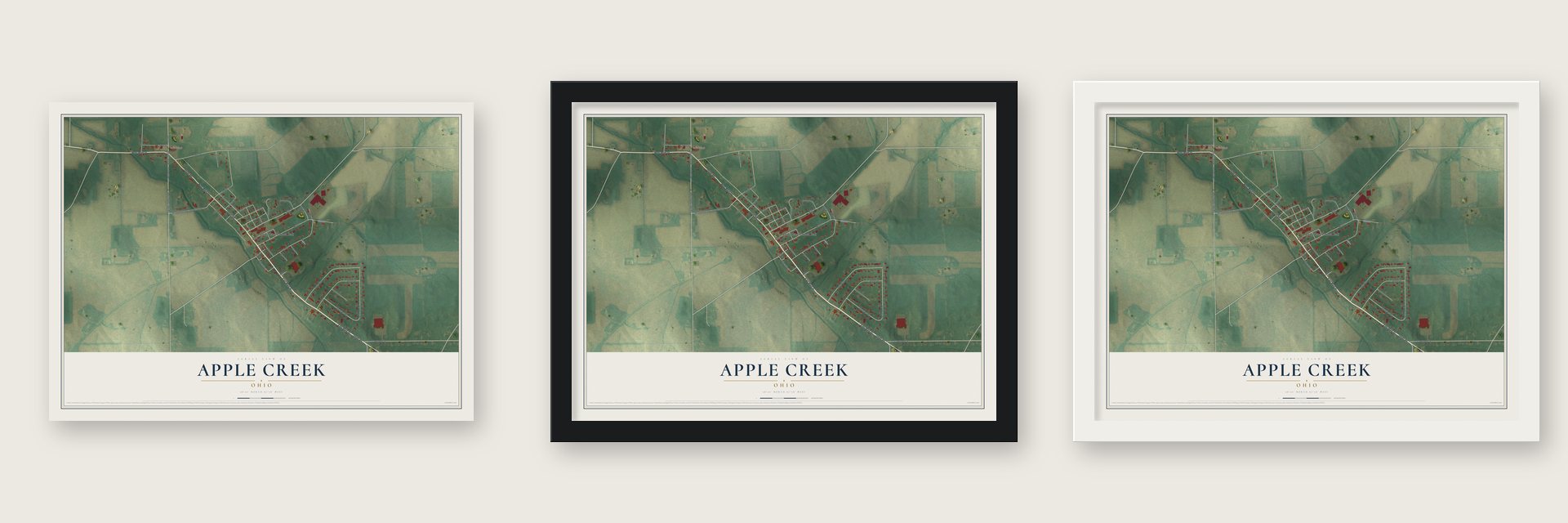 Apple Creek, Ohio map unframed, in a black wood frame and in a white wood frame
