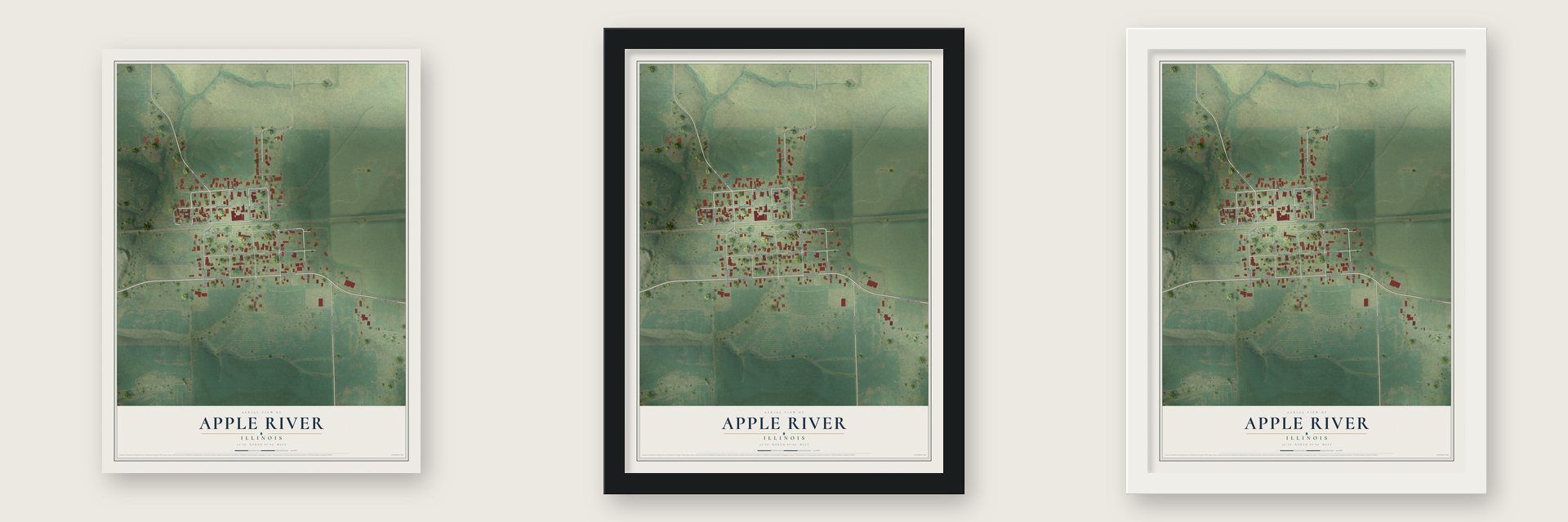 Apple River, Illinois map unframed, in a black wood frame and in a white wood frame