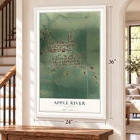Apple River, Illinois map, 24 x 36 inch print in a white frame by a staircase