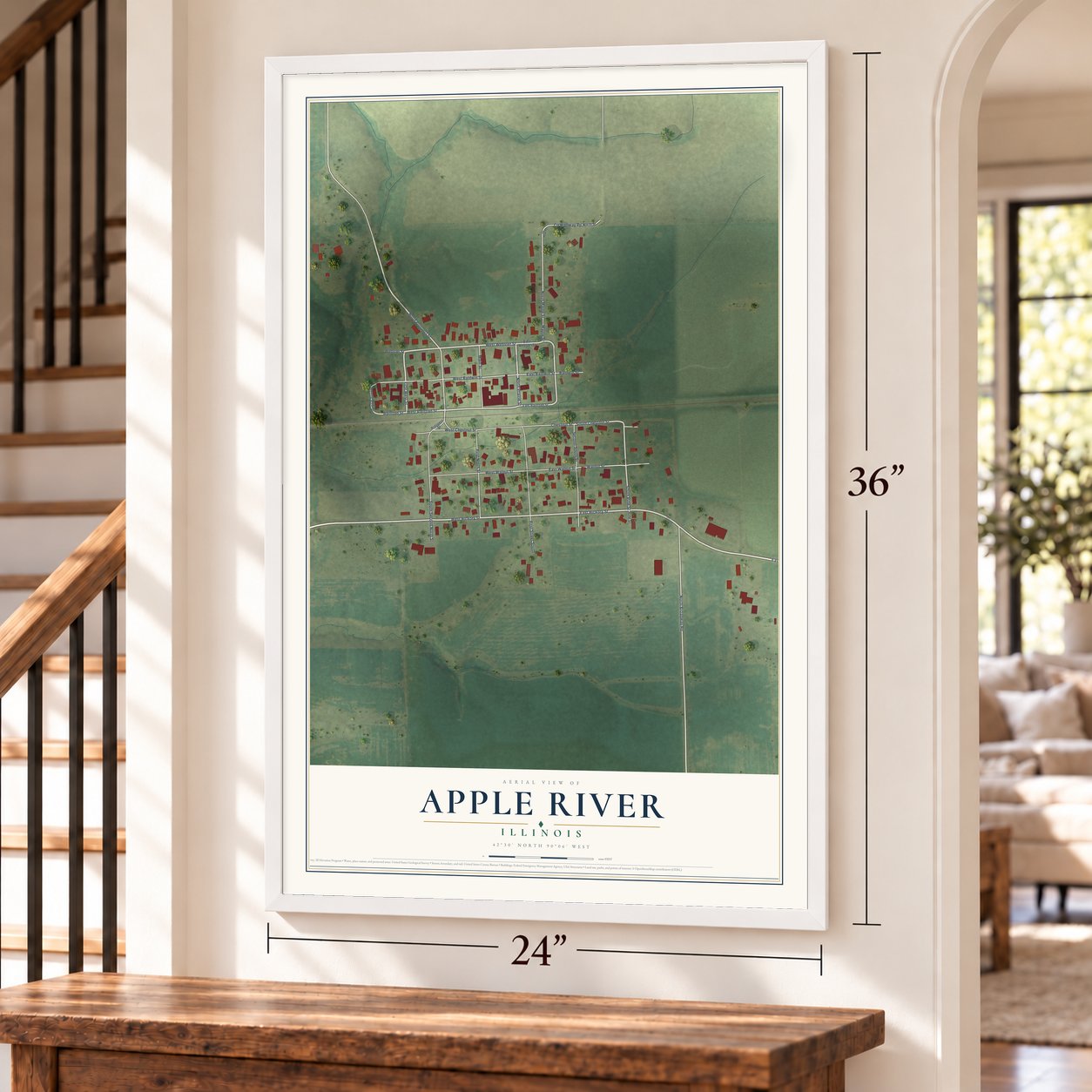 Apple River, Illinois map, 24 x 36 inch print in a white frame by a staircase