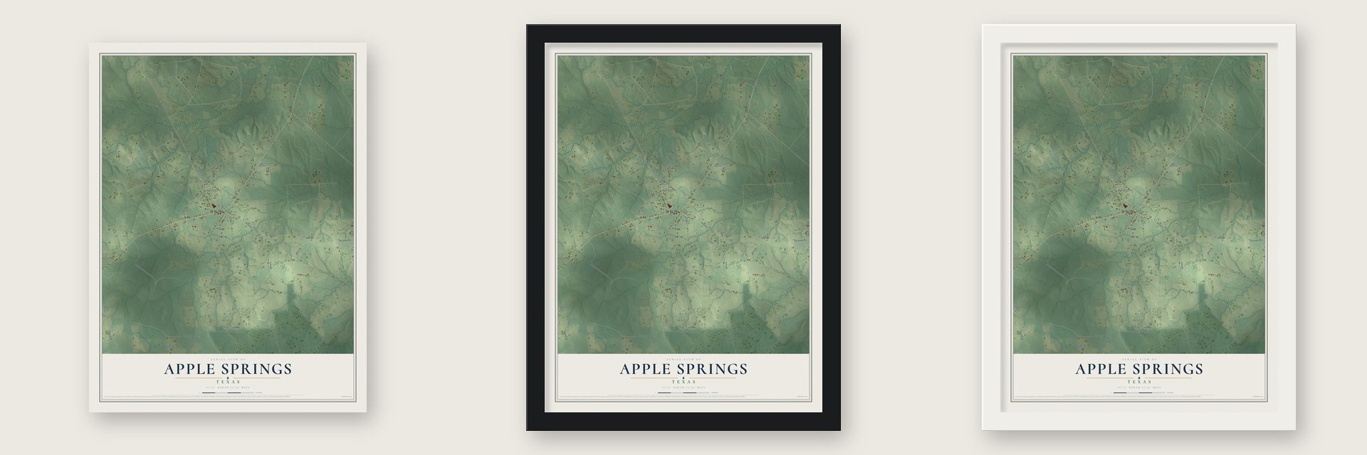 Apple Springs, Texas map unframed, in a black wood frame and in a white wood frame