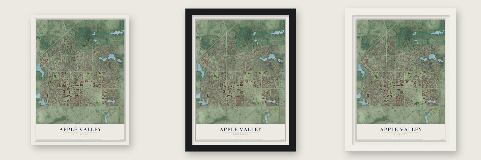 Apple Valley, Minnesota map unframed, in a black wood frame and in a white wood frame