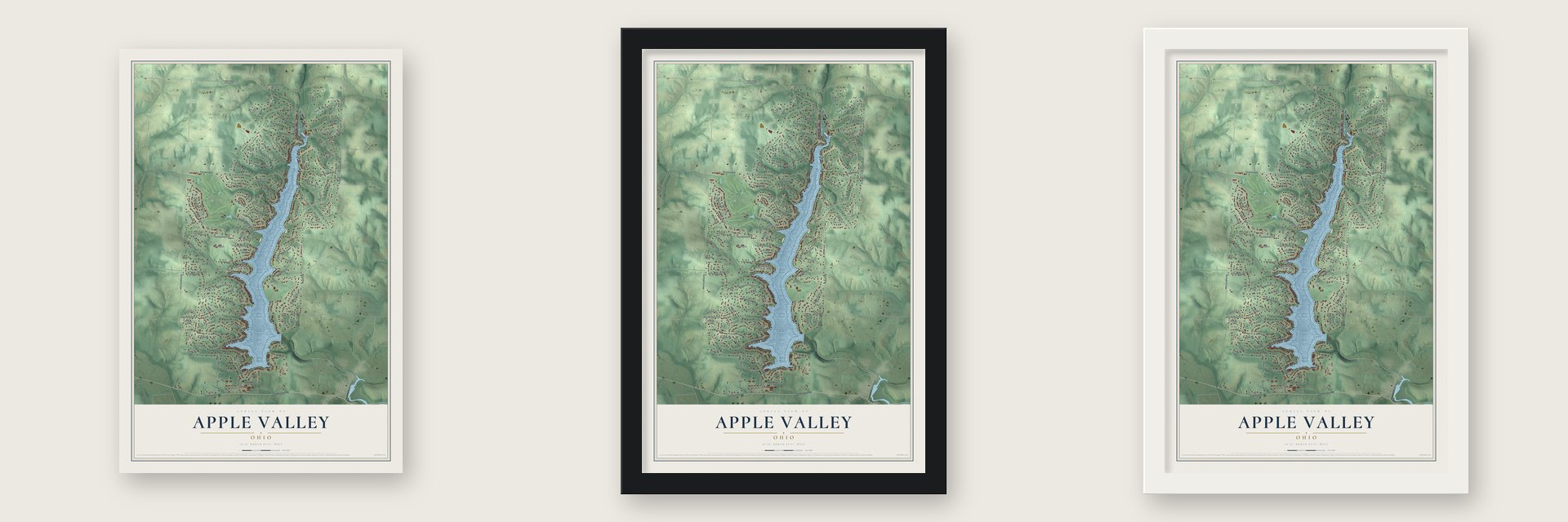 Apple Valley, Ohio map unframed, in a black wood frame and in a white wood frame