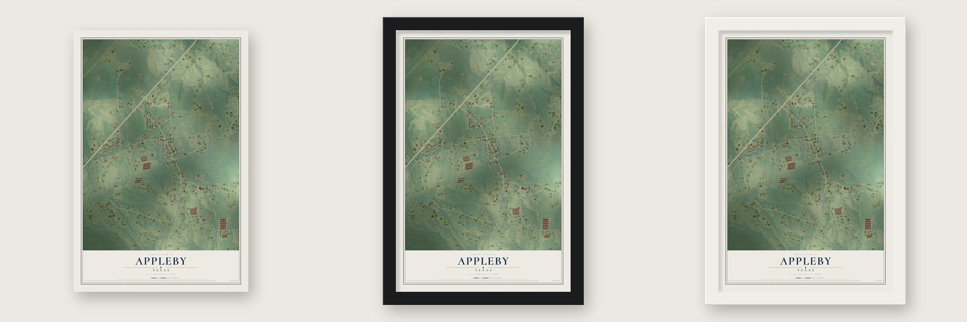 Appleby, Texas map unframed, in a black wood frame and in a white wood frame