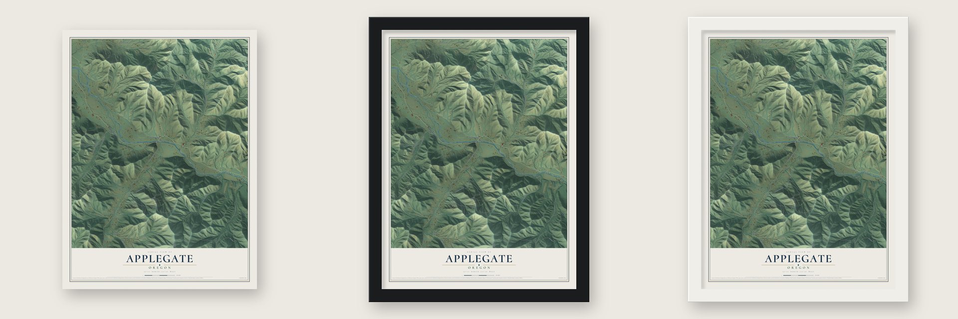 Applegate, Oregon map unframed, in a black wood frame and in a white wood frame