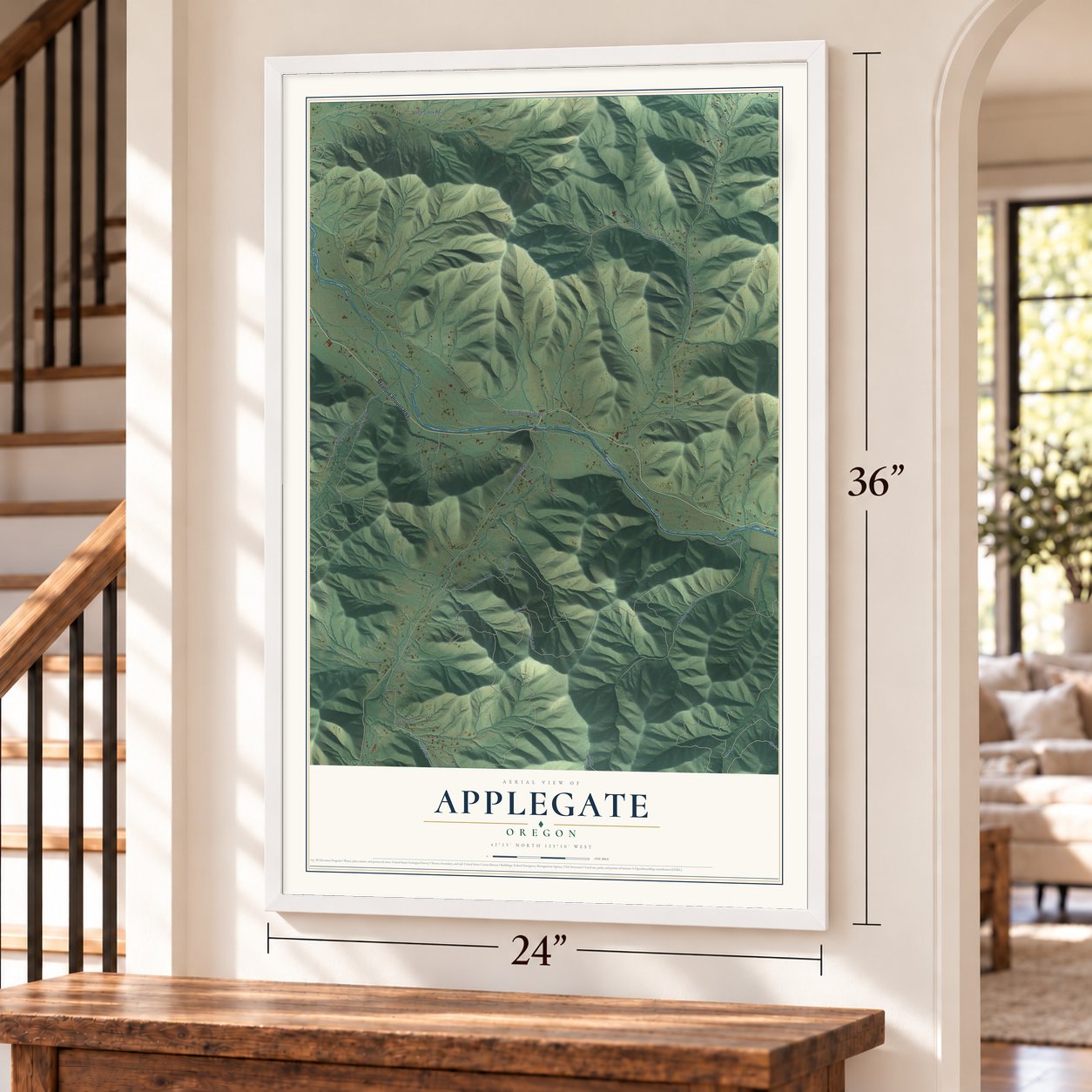 Applegate, Oregon map, 24 x 36 inch print in a white frame by a staircase
