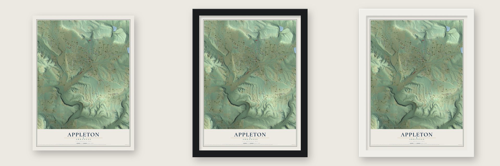 Appleton, Arkansas map unframed, in a black wood frame and in a white wood frame