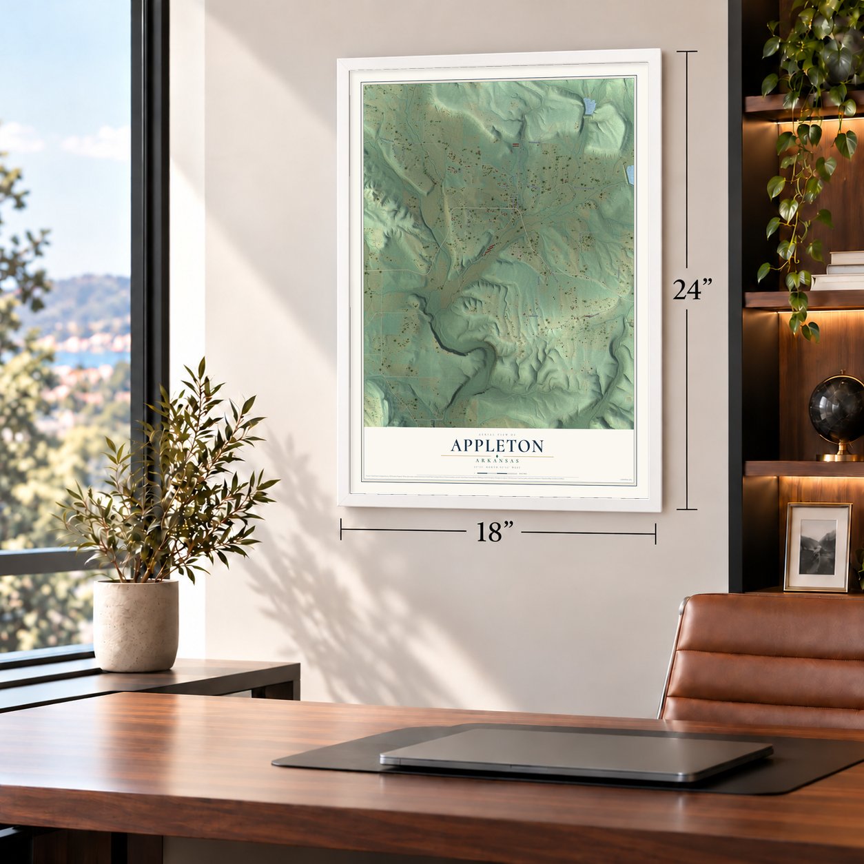 Appleton, Arkansas map, 18 x 24 inch print in a white frame in a home office