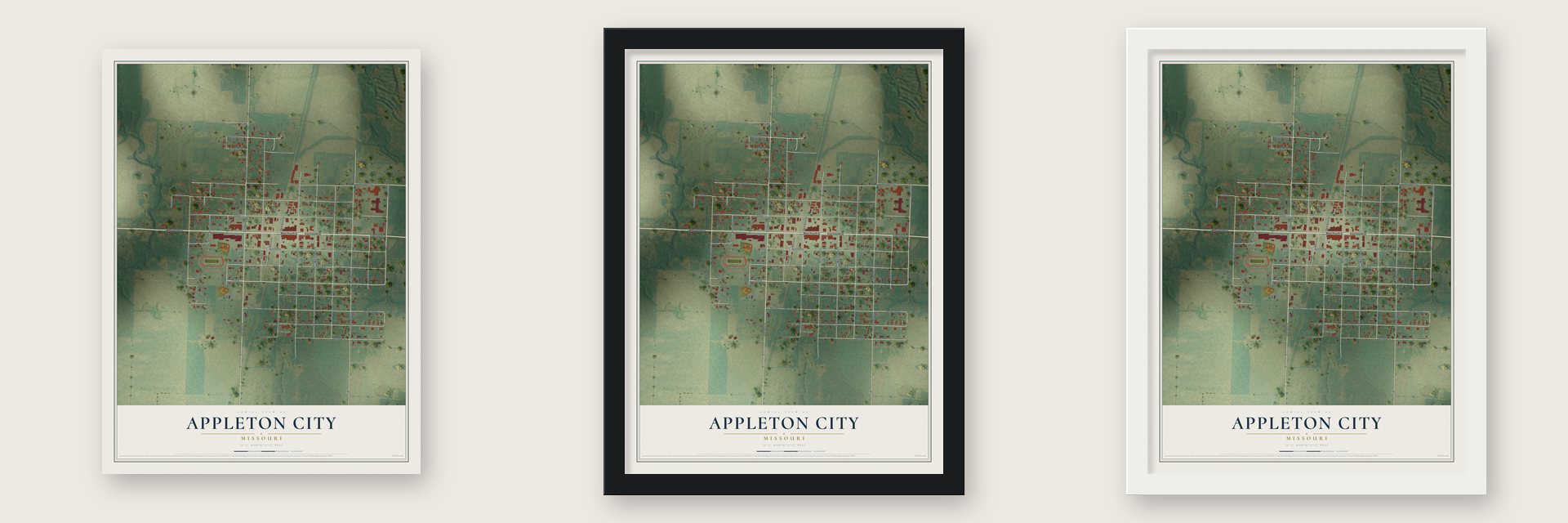 Appleton City, Missouri map unframed, in a black wood frame and in a white wood frame