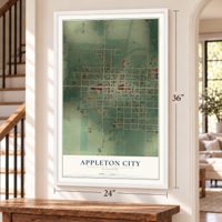 Appleton City, Missouri map, 24 x 36 inch print in a white frame by a staircase