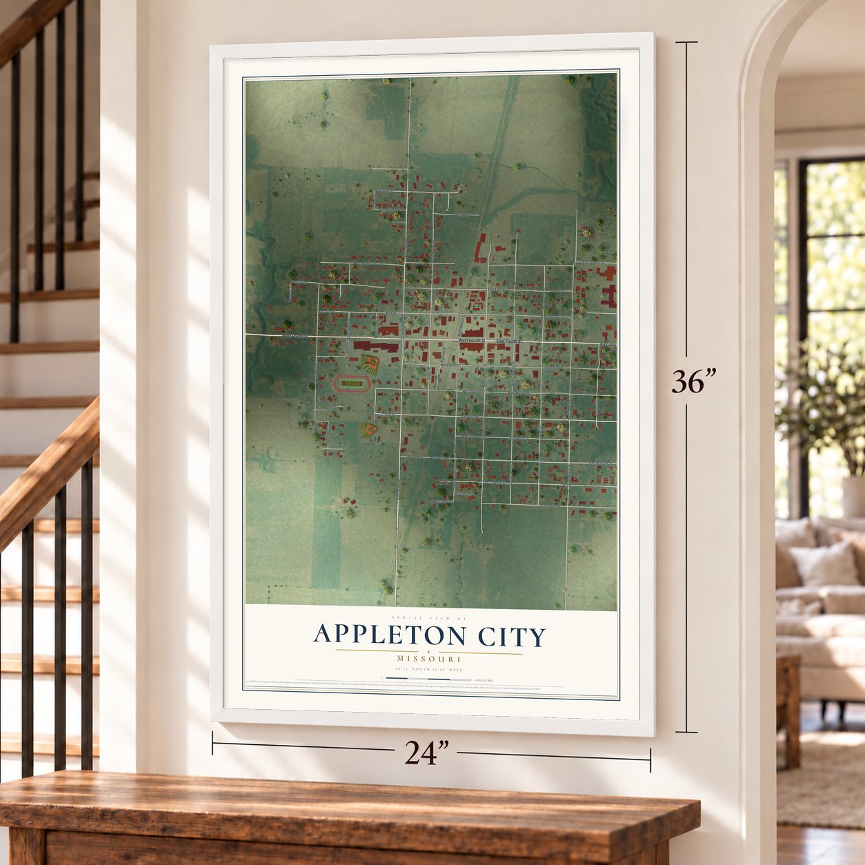 Appleton City, Missouri map, 24 x 36 inch print in a white frame by a staircase
