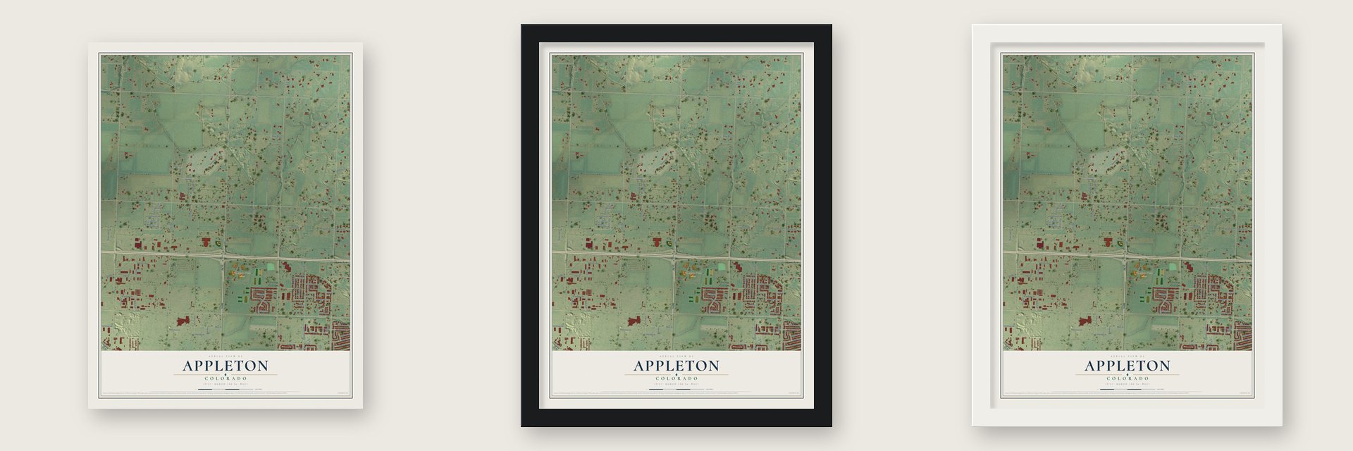 Appleton, Colorado map unframed, in a black wood frame and in a white wood frame