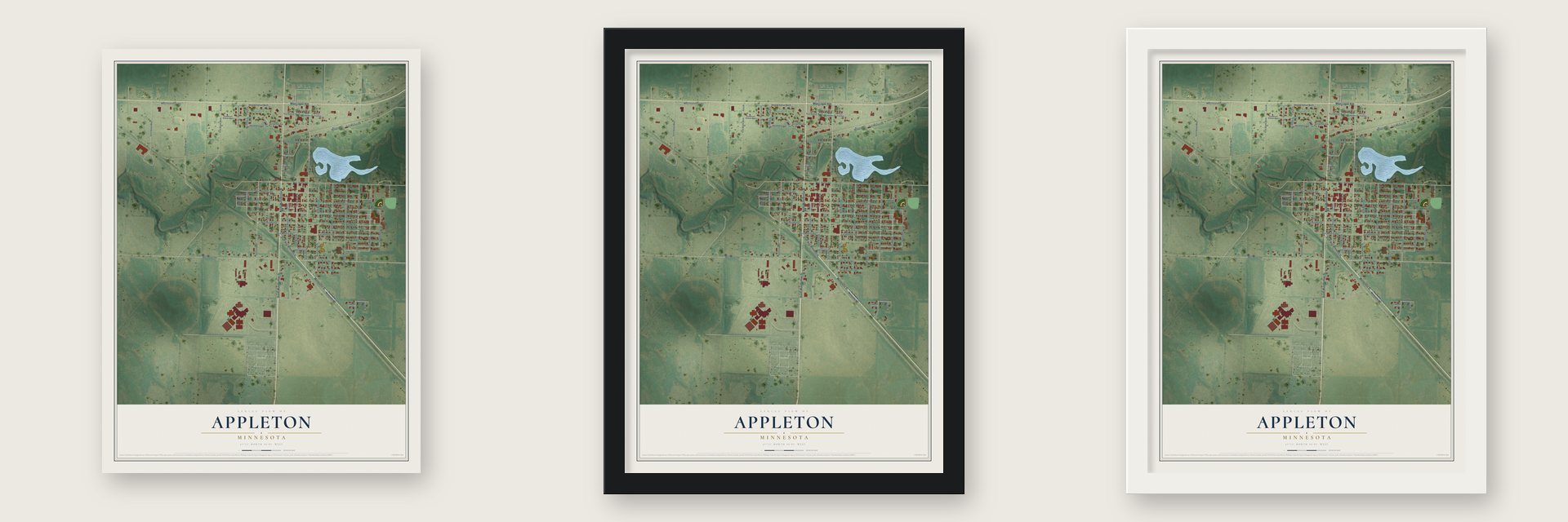 Appleton, Minnesota map unframed, in a black wood frame and in a white wood frame