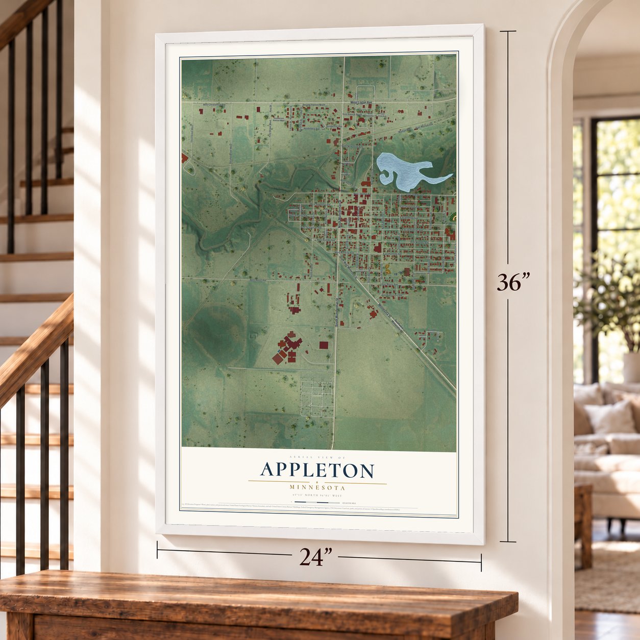 Appleton, Minnesota map, 24 x 36 inch print in a white frame by a staircase