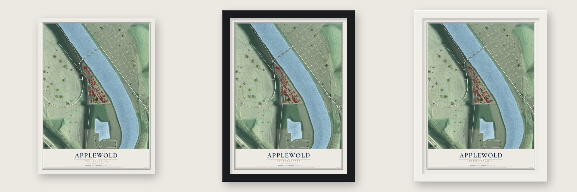 Applewold, Pennsylvania map unframed, in a black wood frame and in a white wood frame