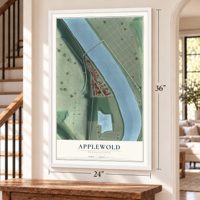 Applewold, Pennsylvania map, 24 x 36 inch print in a white frame by a staircase