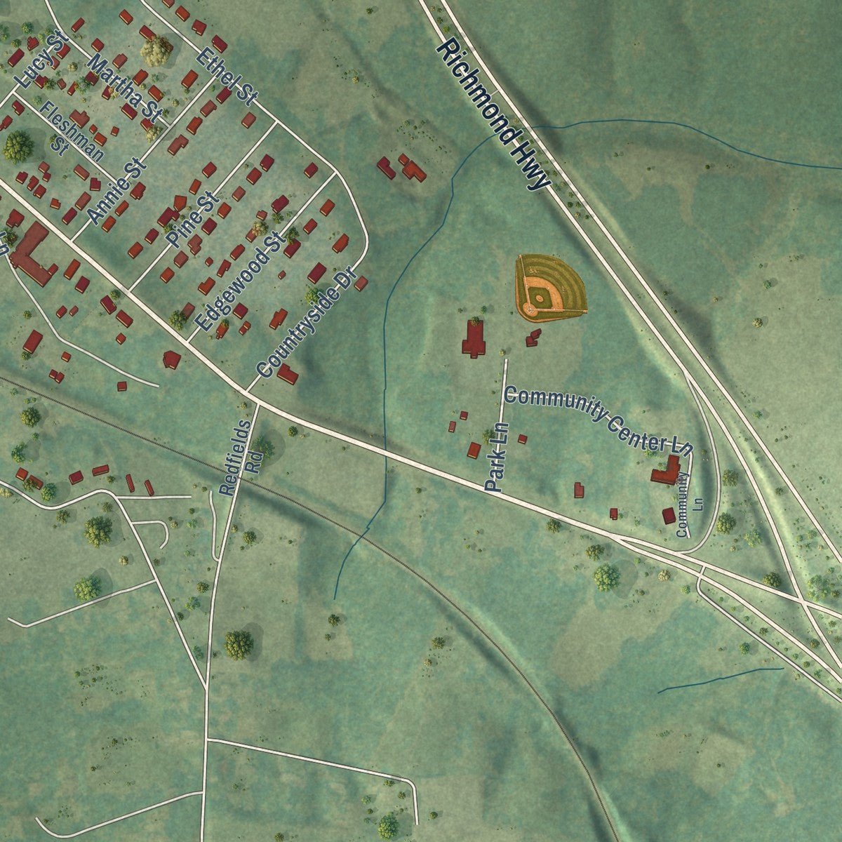 Second close-up of the map of Appomattox, Virginia print showing more streets and buildings