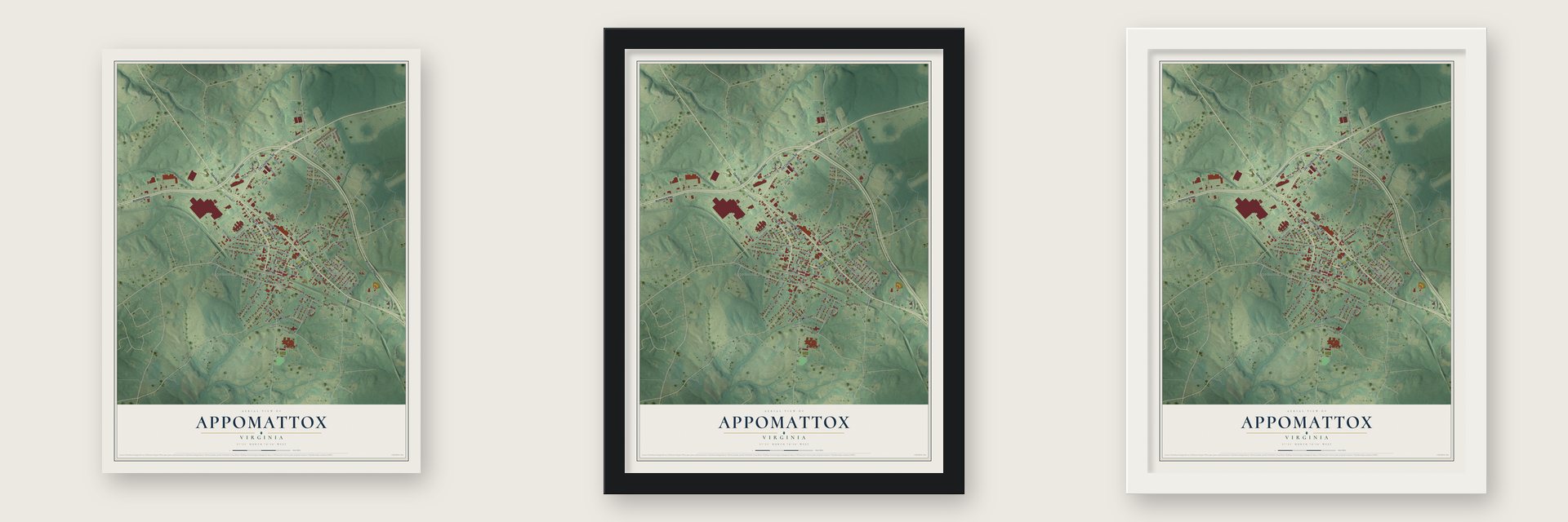 Appomattox, Virginia map unframed, in a black wood frame and in a white wood frame