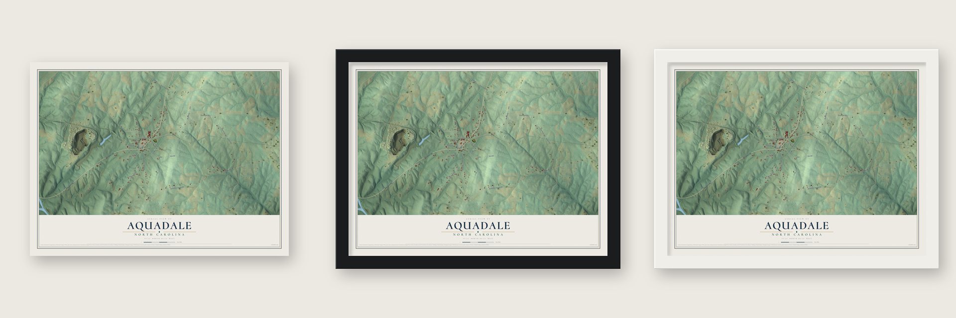 Aquadale, North Carolina map unframed, in a black wood frame and in a white wood frame