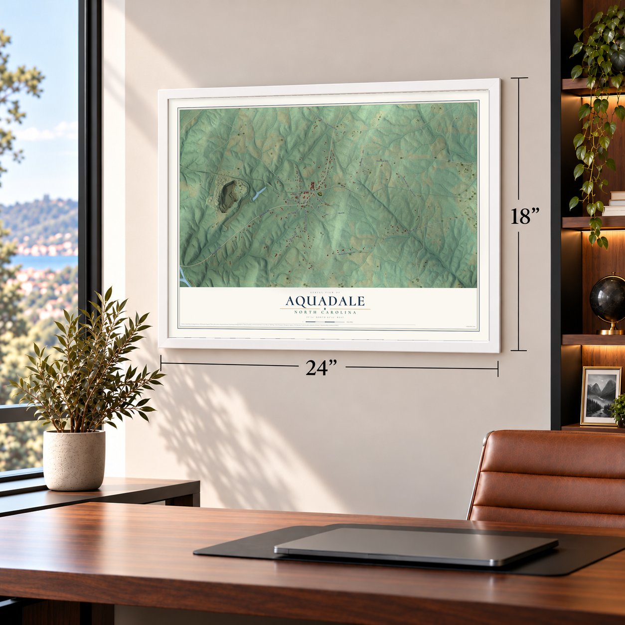Aquadale, North Carolina map, 18 x 24 inch print in a white frame in a home office