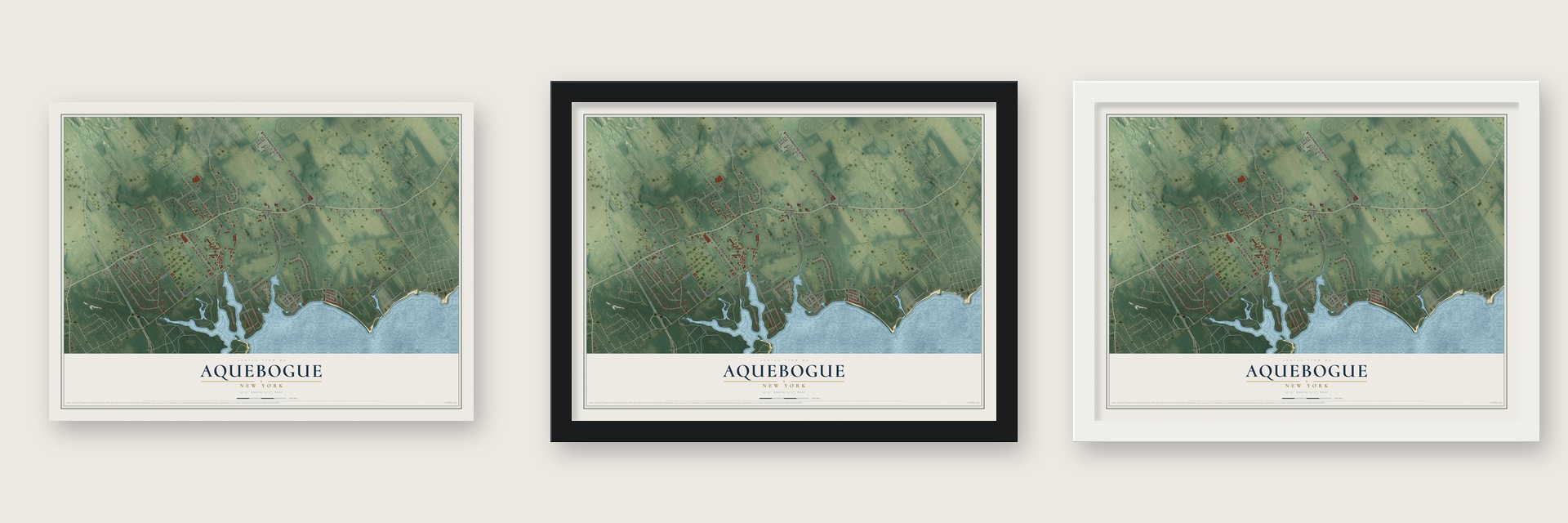 Aquebogue, New York map unframed, in a black wood frame and in a white wood frame