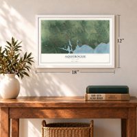 Aquebogue, New York map, 12 x 18 inch print in a white frame in an entryway