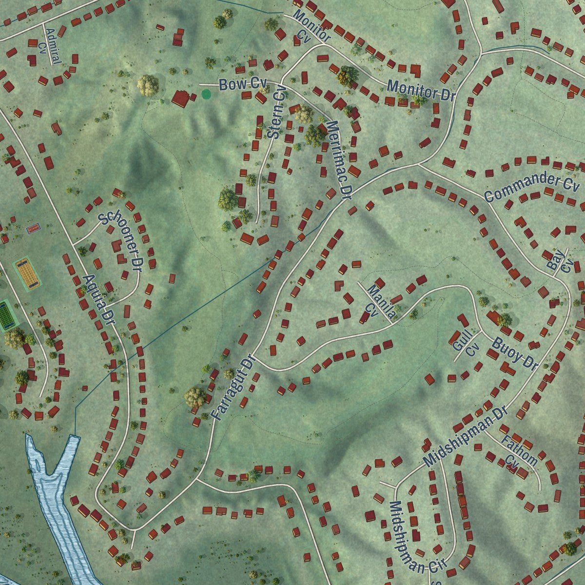 Second close-up of the map of Aquia Harbour, Virginia print showing more streets and buildings