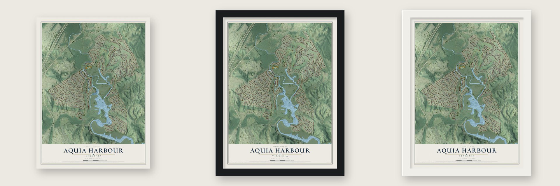 Aquia Harbour, Virginia map unframed, in a black wood frame and in a white wood frame