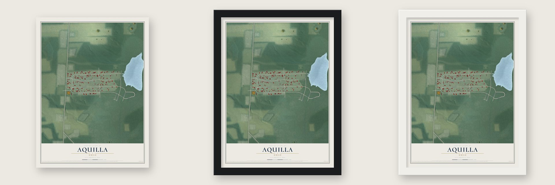 Aquilla, Ohio map unframed, in a black wood frame and in a white wood frame