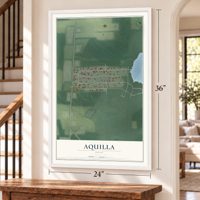Aquilla, Ohio map, 24 x 36 inch print in a white frame by a staircase
