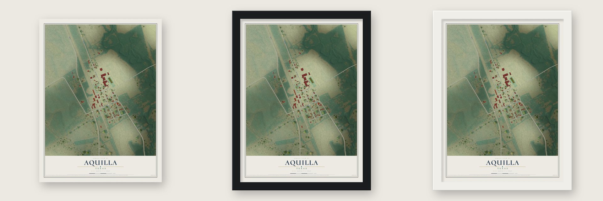 Aquilla, Texas map unframed, in a black wood frame and in a white wood frame