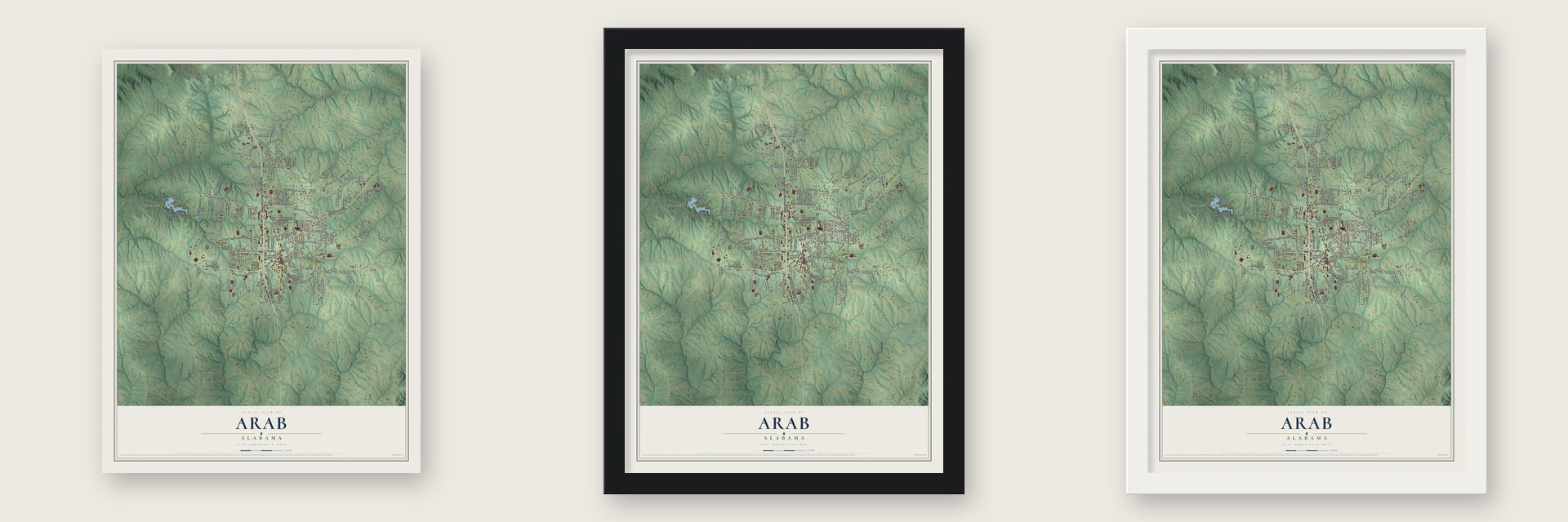 Arab, Alabama map unframed, in a black wood frame and in a white wood frame