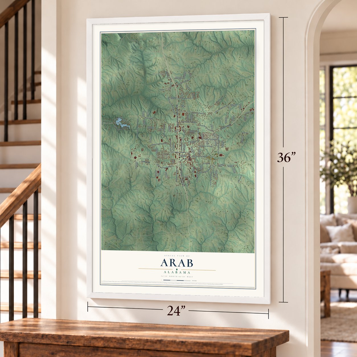Arab, Alabama map, 24 x 36 inch print in a white frame by a staircase