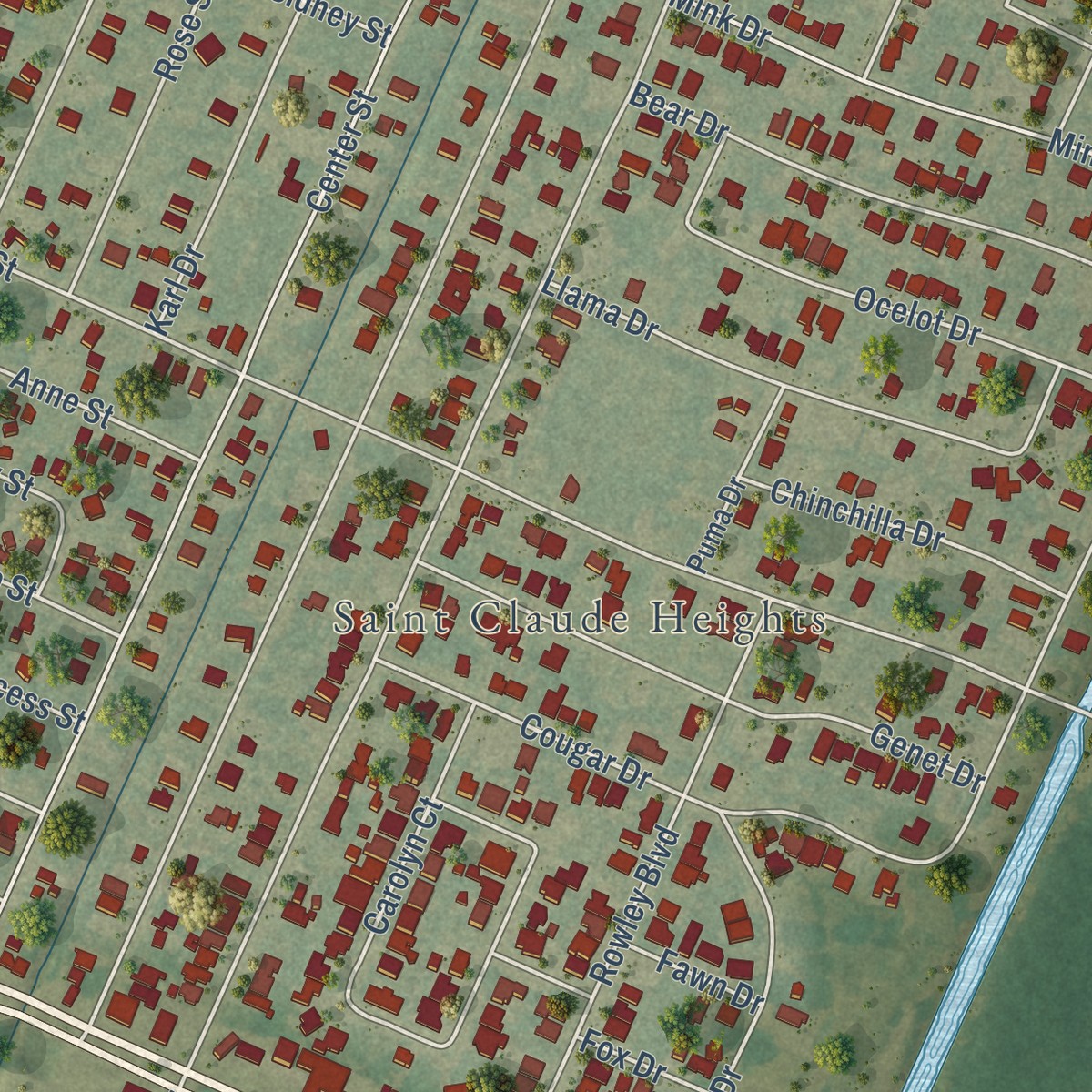 Second close-up of the map of Arabi, Louisiana print showing more streets and buildings