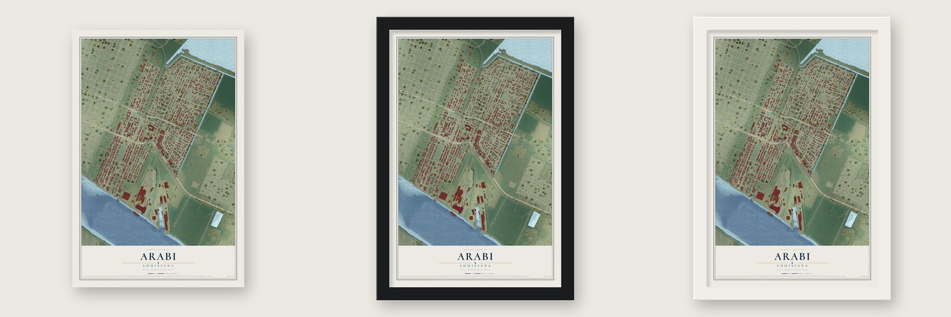 Arabi, Louisiana map unframed, in a black wood frame and in a white wood frame