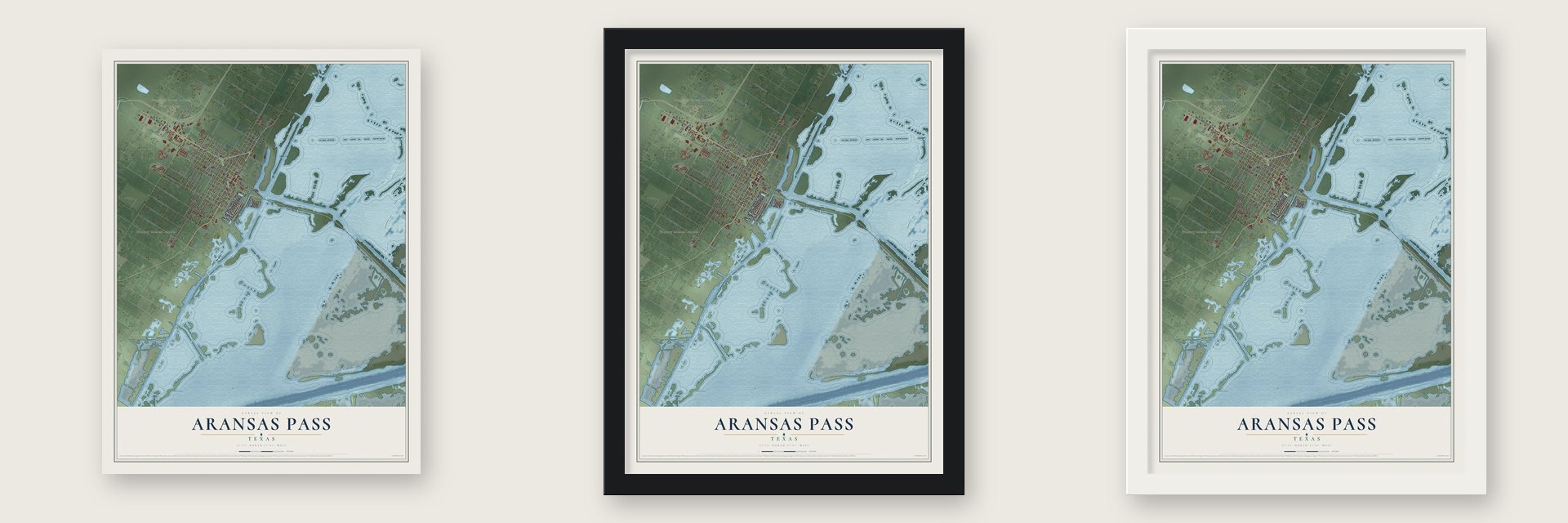 Aransas Pass, Texas map unframed, in a black wood frame and in a white wood frame