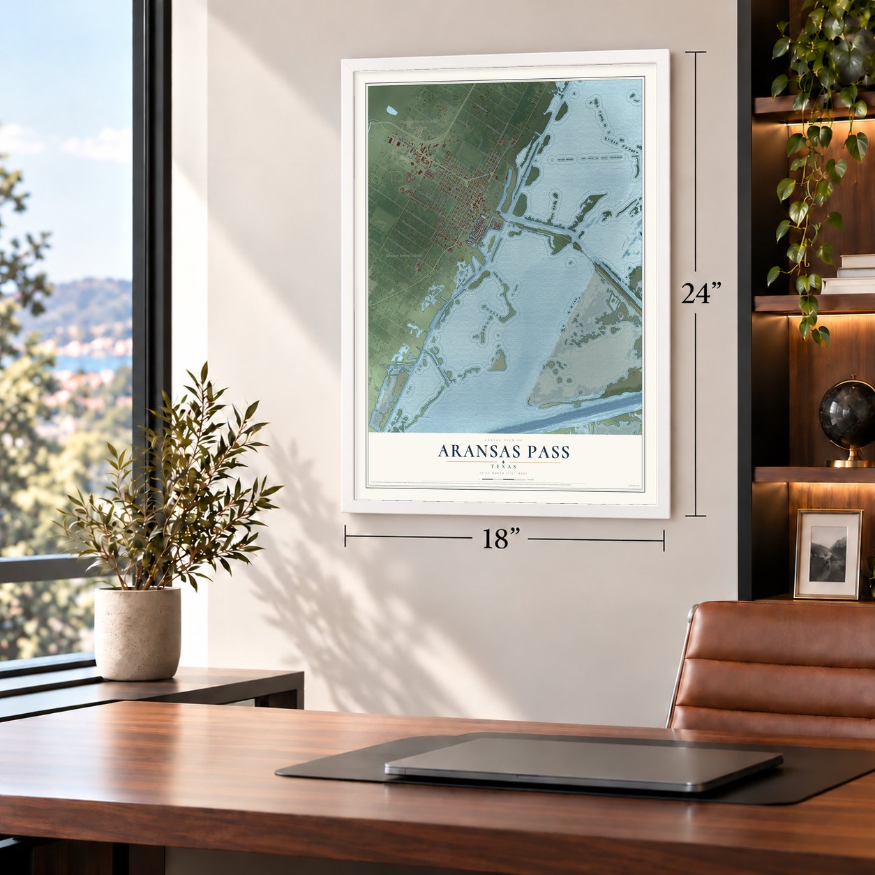 Aransas Pass, Texas map, 18 x 24 inch print in a white frame in a home office