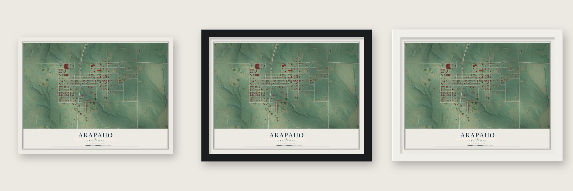 Arapaho, Oklahoma map unframed, in a black wood frame and in a white wood frame