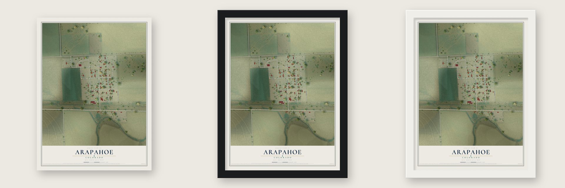 Arapahoe, Colorado map unframed, in a black wood frame and in a white wood frame