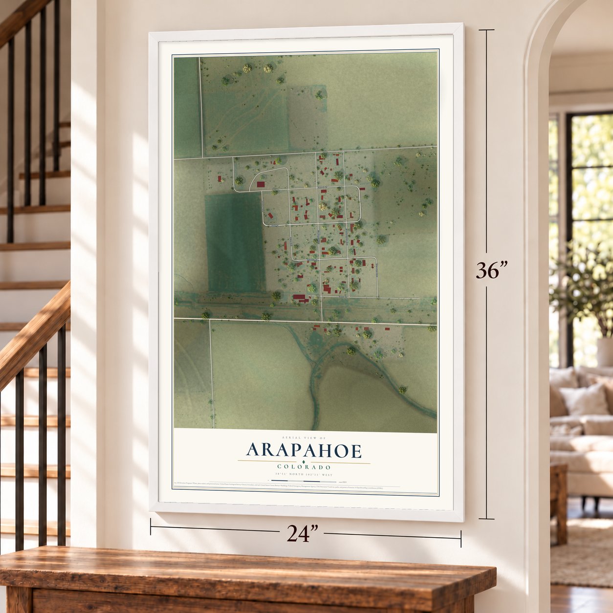Arapahoe, Colorado map, 24 x 36 inch print in a white frame by a staircase