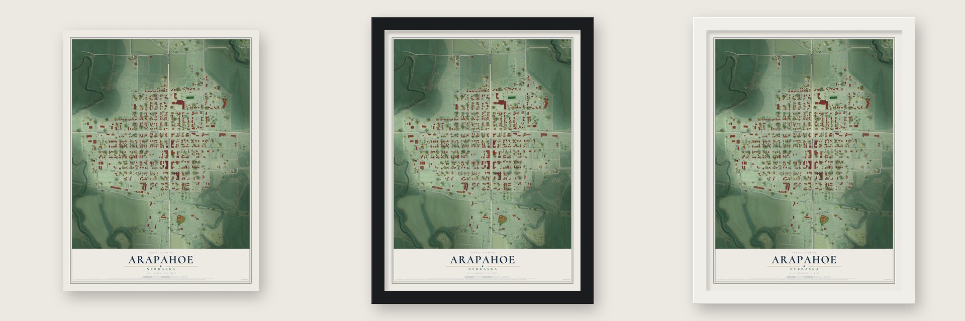 Arapahoe, Nebraska map unframed, in a black wood frame and in a white wood frame