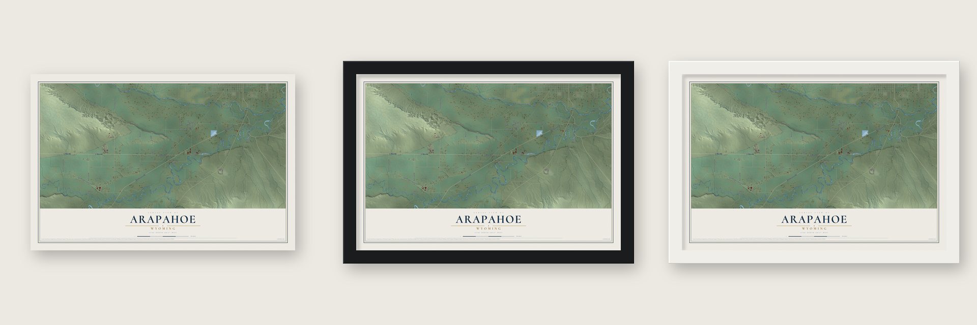 Arapahoe, Wyoming map unframed, in a black wood frame and in a white wood frame