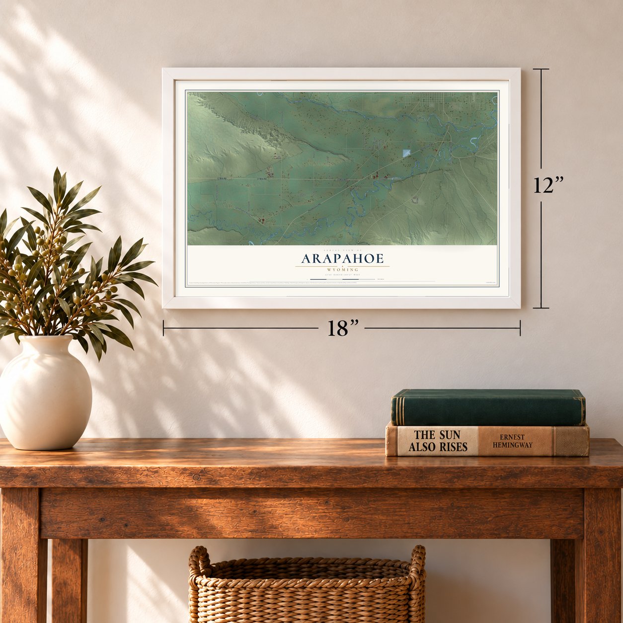 Arapahoe, Wyoming map, 12 x 18 inch print in a white frame in an entryway