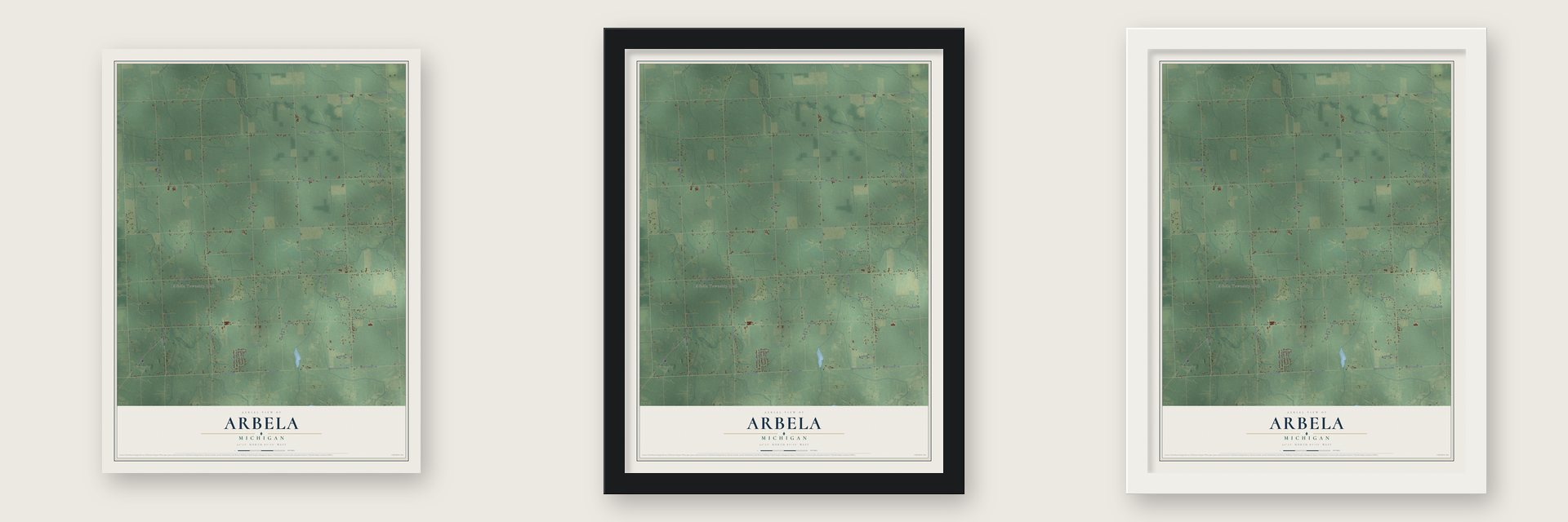 Arbela, Michigan map unframed, in a black wood frame and in a white wood frame