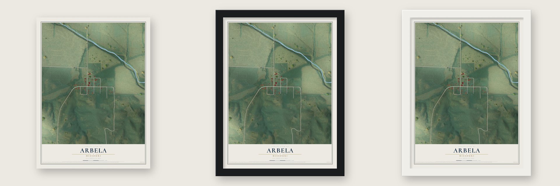 Arbela, Missouri map unframed, in a black wood frame and in a white wood frame