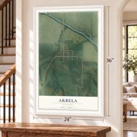 Arbela, Missouri map, 24 x 36 inch print in a white frame by a staircase