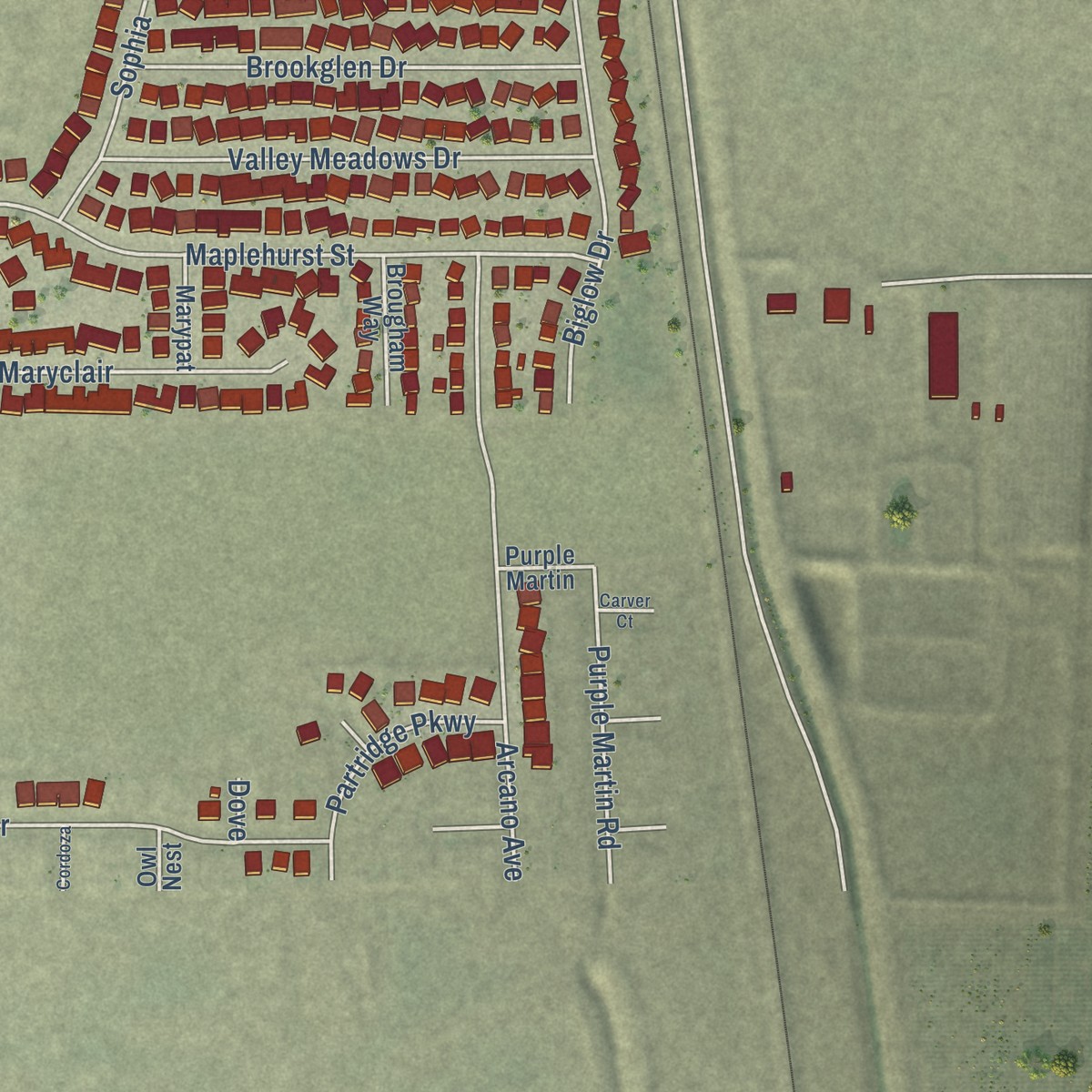 Second close-up of the map of Arboga, California print showing more streets and buildings