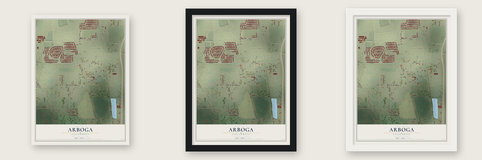 Arboga, California map unframed, in a black wood frame and in a white wood frame