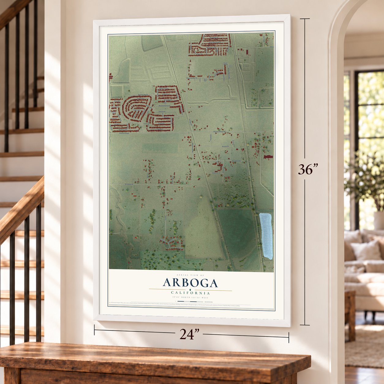 Arboga, California map, 24 x 36 inch print in a white frame by a staircase