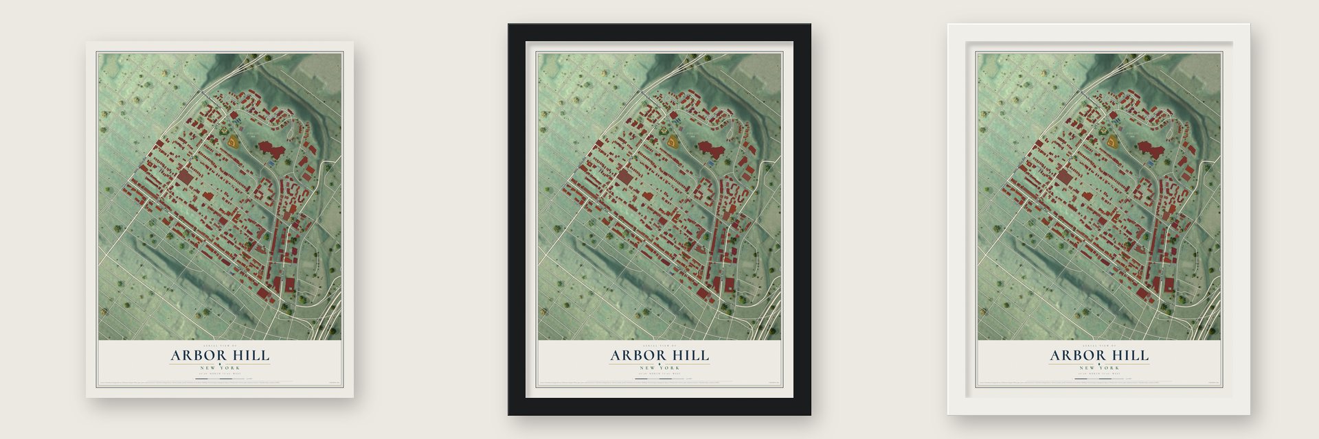 Arbor Hill, New York map unframed, in a black wood frame and in a white wood frame